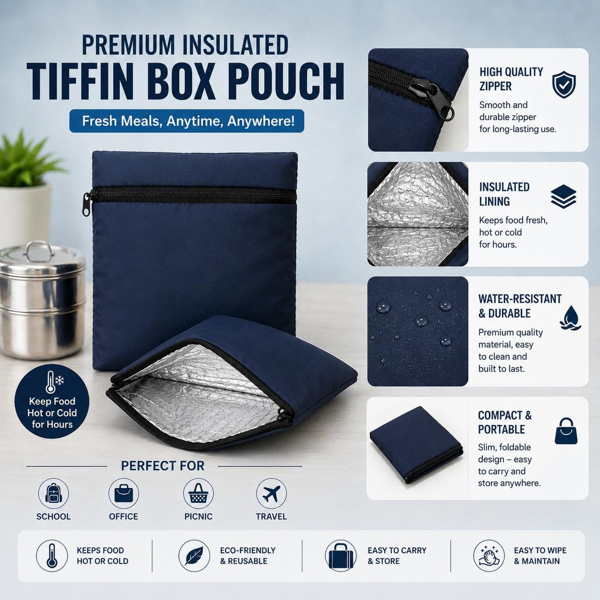 🎒 Portable Insulated Lunch Pouch for Tiffin Box - Ideal for Office, School & Travel
