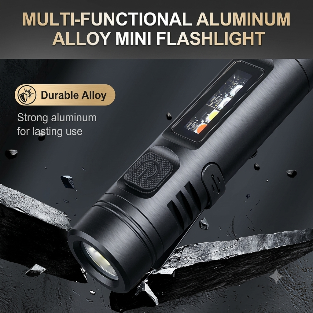 Multifunctional Mini Flashlight Keychain Made of Aluminum Alloy (Lighter + 8 Light modes)