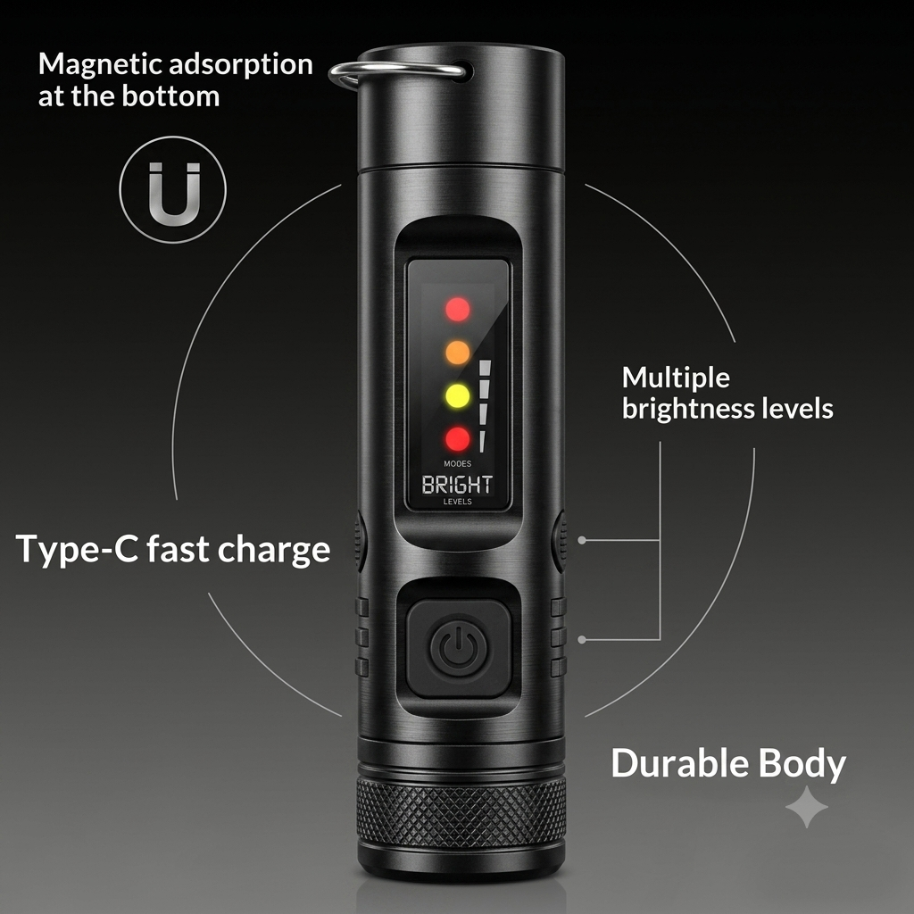 Multifunctional Mini Flashlight Keychain Made of Aluminum Alloy (Lighter + 8 Light modes)