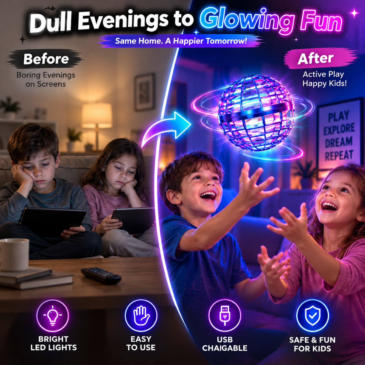 Magic Flying Hover Ball with RGB Lights For Kids