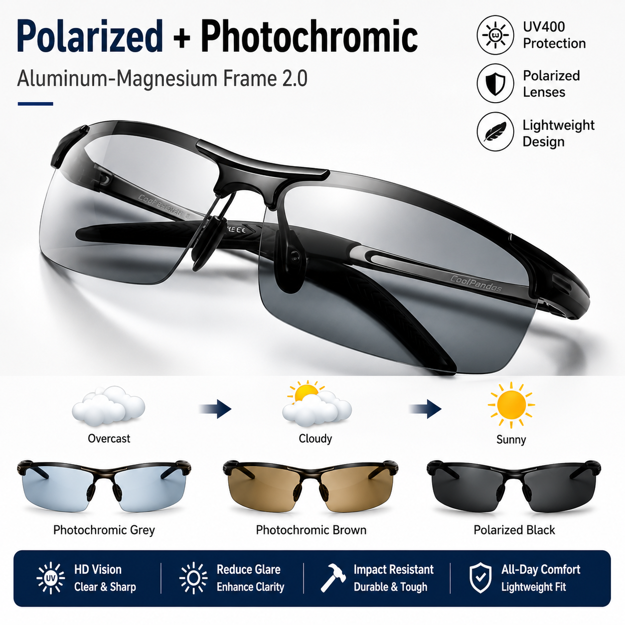 HD Polarized Photochromic Sunglasses UV400 Protection