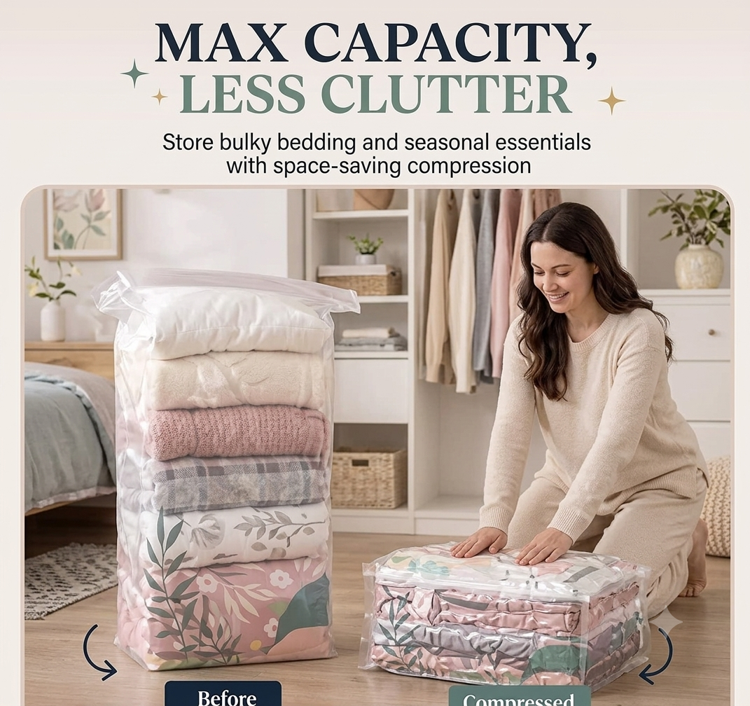 No-Pump 3D Vacuum Storage Bags for Clothes, Comforters and Blankets