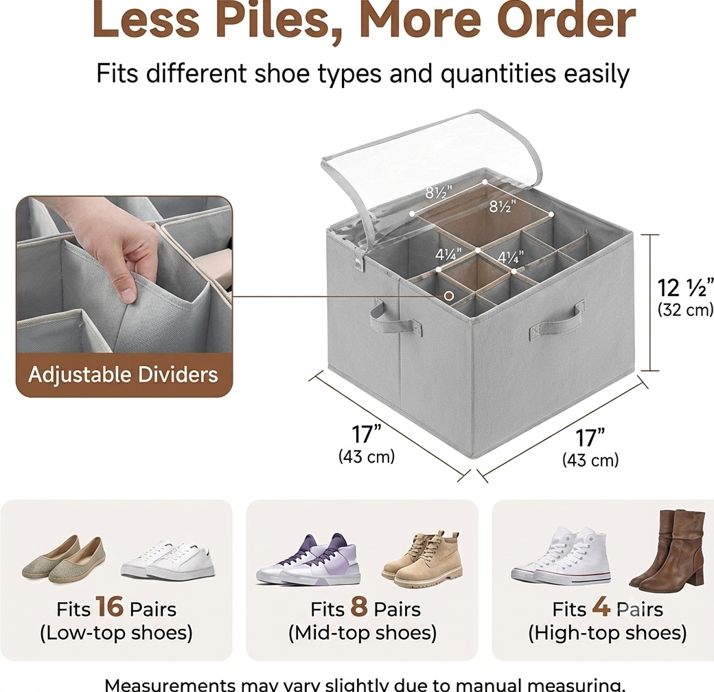 Foldable Shoe Organizer for Closet with Adjustable Dividers