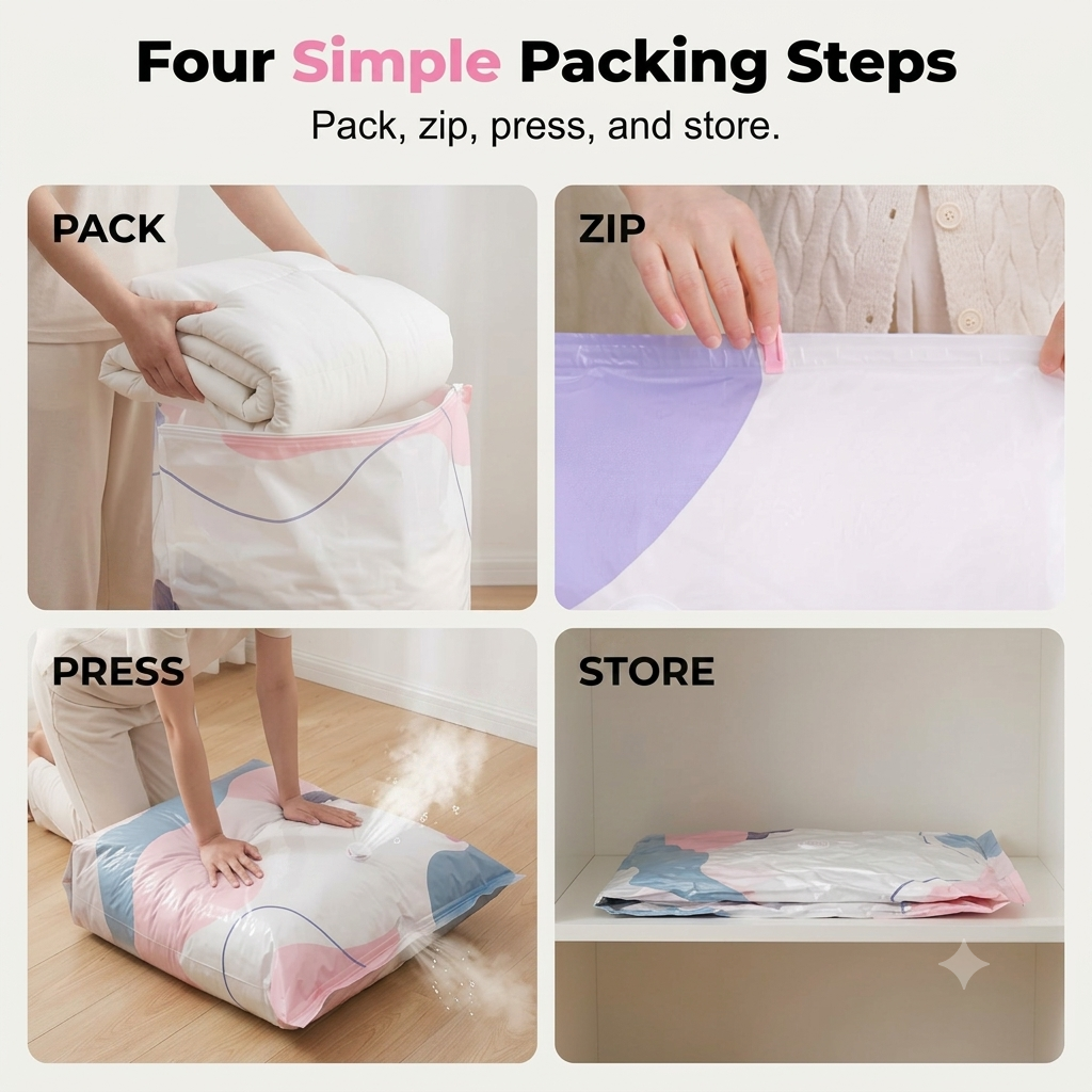 No-Pump 3D Vacuum Storage Bags for Clothes, Comforters and Blankets