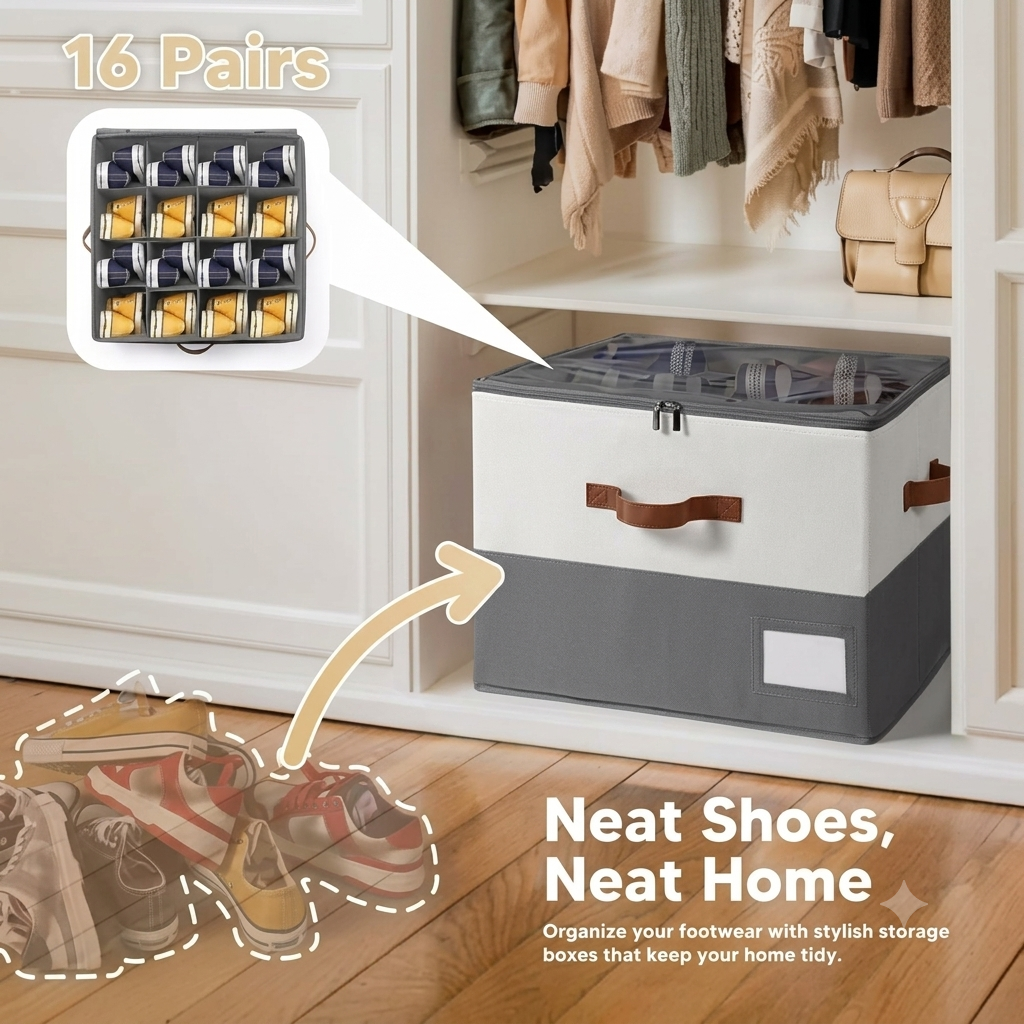 Foldable Shoe Organizer for Closet with Adjustable Dividers